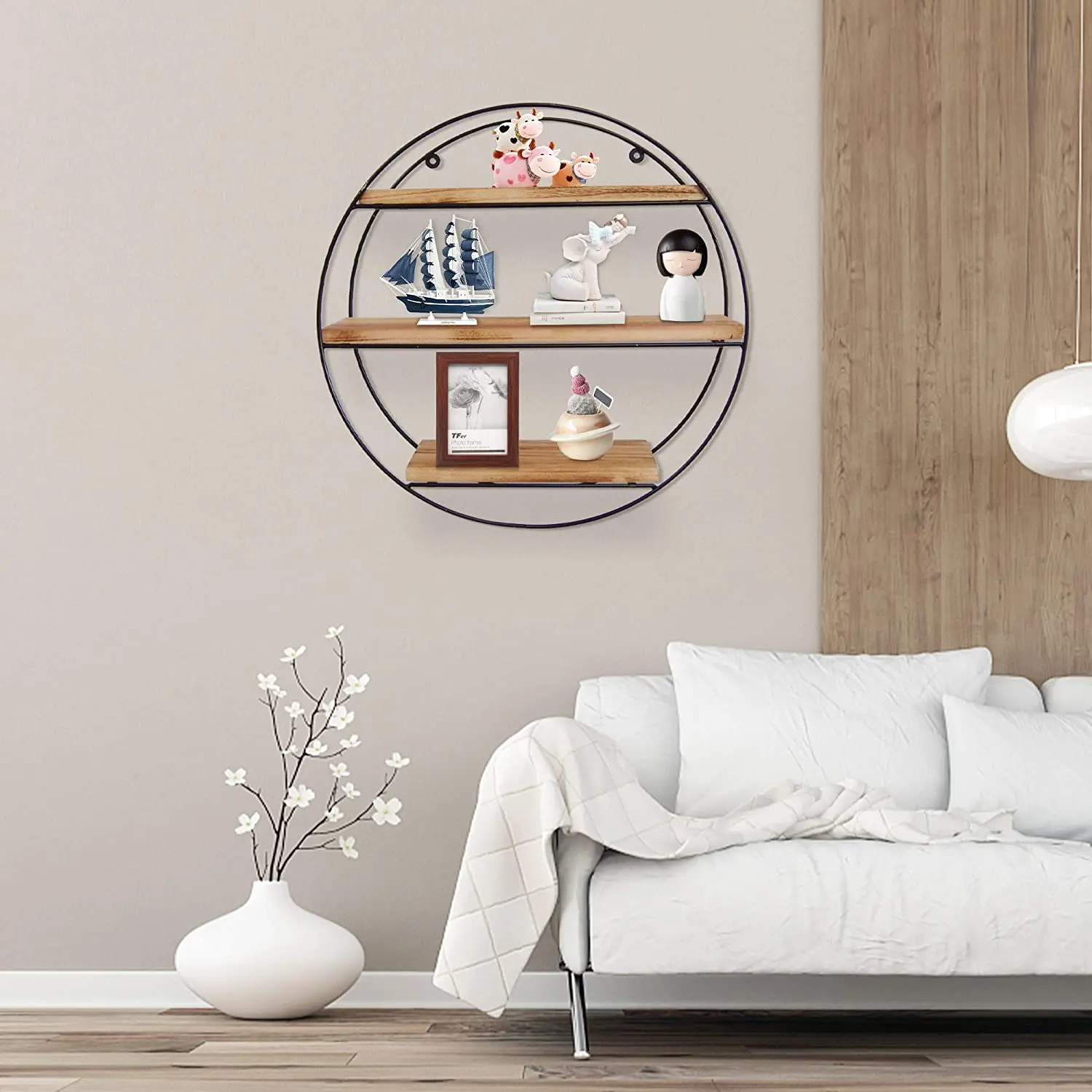 Wall Mounted Hanging ShelfFloating Shelves Wall Mounted Hanging Shelf Geometric Circle Metal Wood Wall Shelf