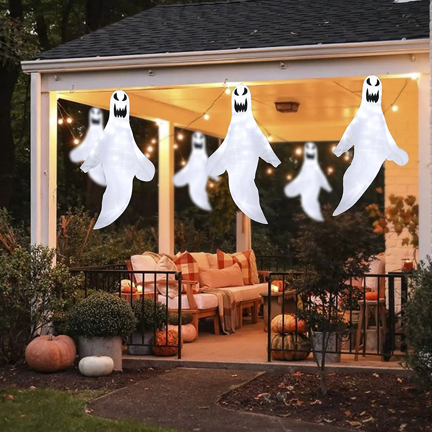 Customizable Halloween Ghost Windsock Light Hanging Halloween Flag Bendable Wire Framed with 80 White Cold Lights for Home Party