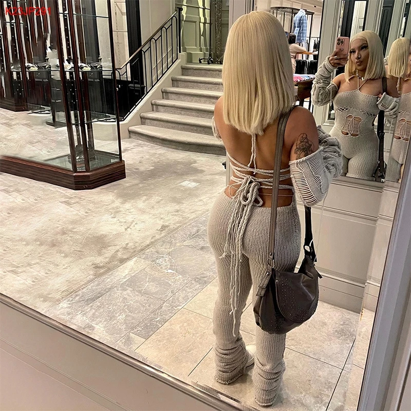 Bomblook K23JP291 New Sexy Halter Hollow Out Knit Long Sleeve Jumpsuit White Jumpsuits Women 2024