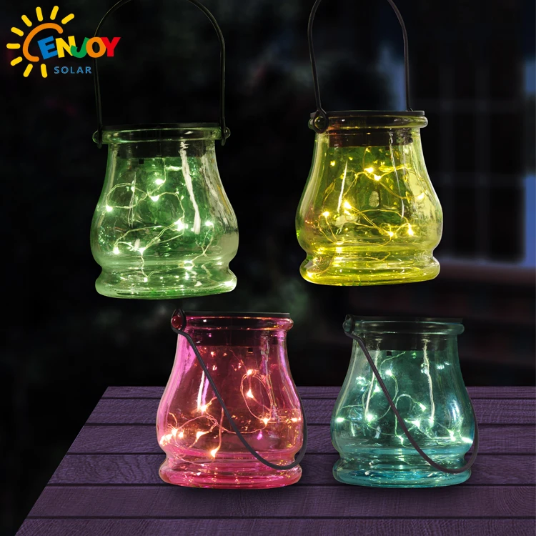 2021 hot selling garden park hanging small solar garden lights romantic colored steel ball glass cans in summer