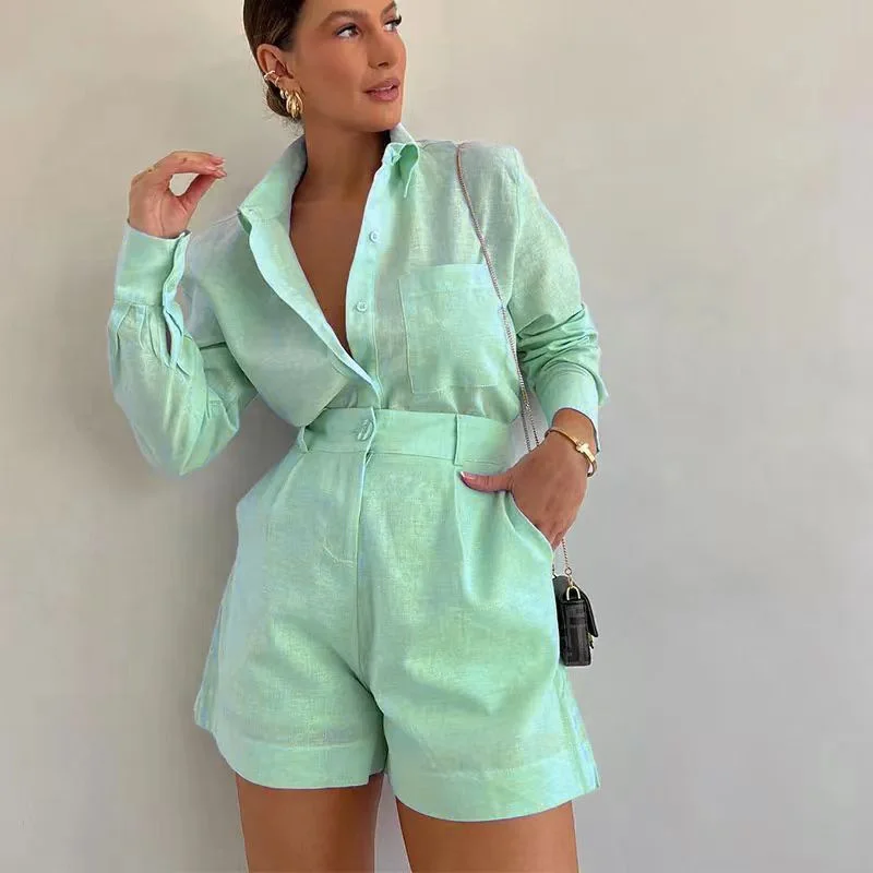 King Mcgreen star Women Clothing Outfits Set Casual Buttoned Up Front Solid Color Shirt Elastic Waist Wide Leg Shorts Sets
