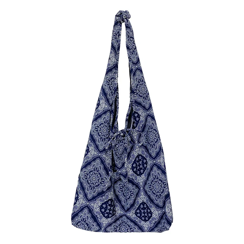 Bohemian Women Fashion Black Navy Paisley Bandana Printing Adjustable Long Strap Boho Beach Shoulder Hand Bag with Bowknot Ties