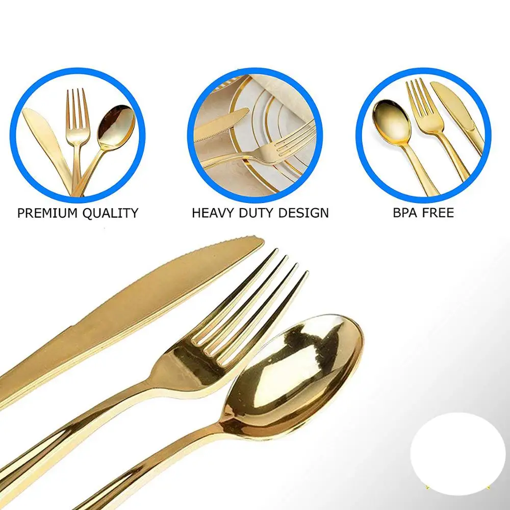 Gold Plastic Silverware- Disposable Flatware Set-Heavyweight Plastic Cutlery- Includes 100 Forks, 100 Spoons, 100 Knives