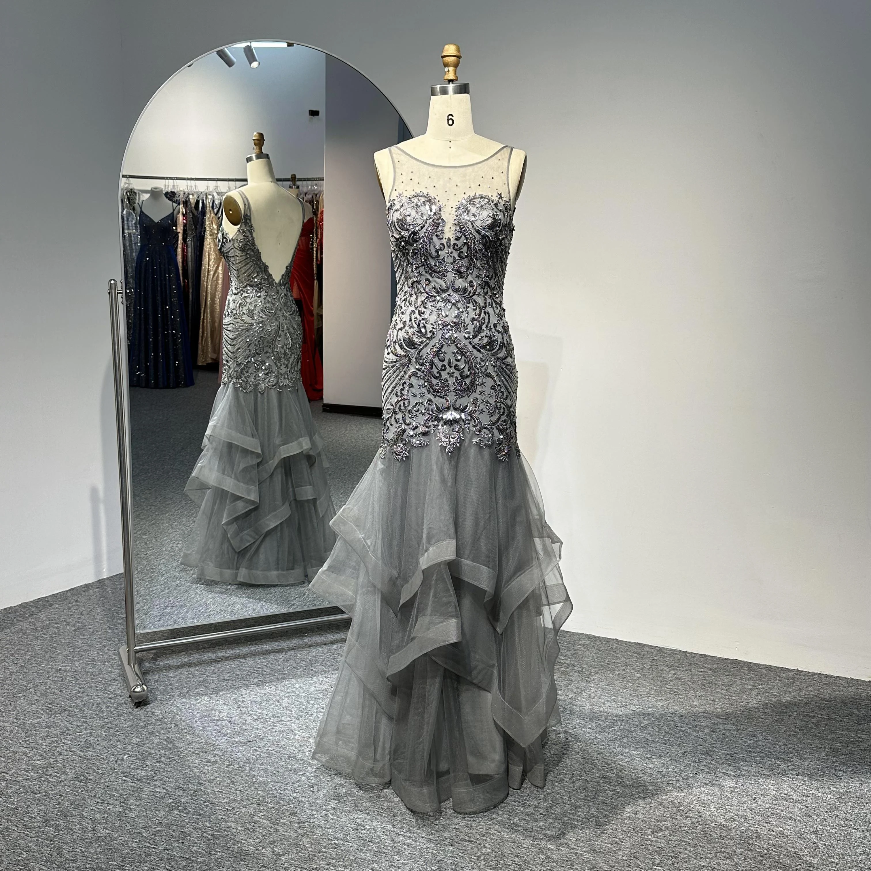 Romantic Beaded Tulle Mermaid Evening Dresses Luxury Belt Decorated Prom Wedding Party XS Size Backless Design Elegant Natural