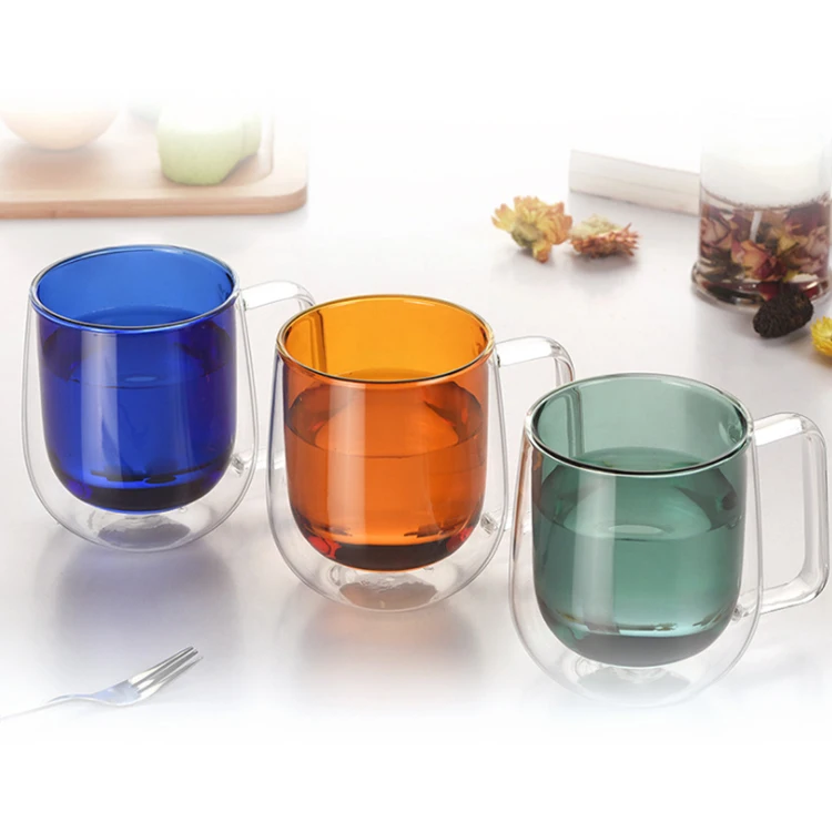 High Quality Double Wall Drink Glass Cup  Borosilicate Glass Cup With Color Handle  double glass coffee cup