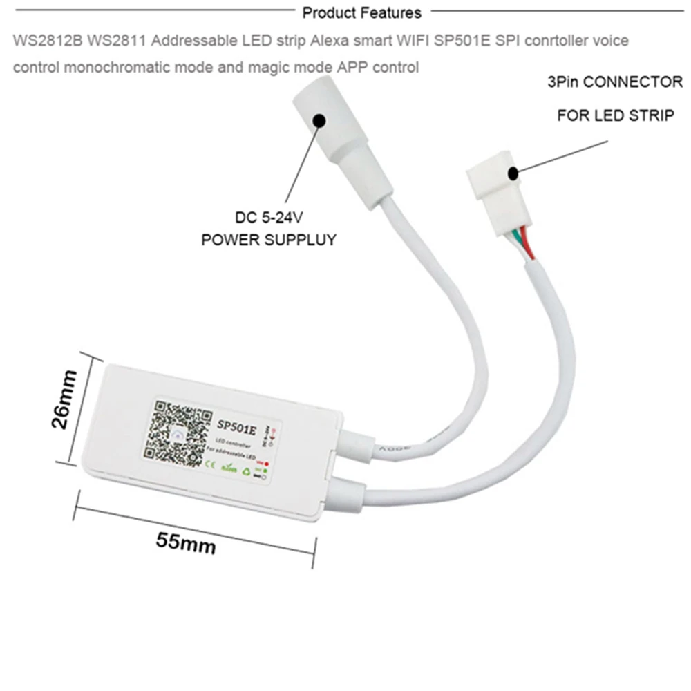 SP501E Wi-Fi WS2811 WS2812B ленты контроллер Smart SPI пиксельный светодиодный голос APP управление для адресуемых цветных (RGB) светодиодных лент