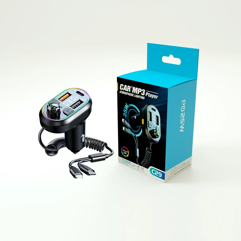 Handsfree Car Kit FM Transmitter 25W PD Fast Charge U Disk Wireless Audio Receiver Car MP3 Player wtih Expansion Cable