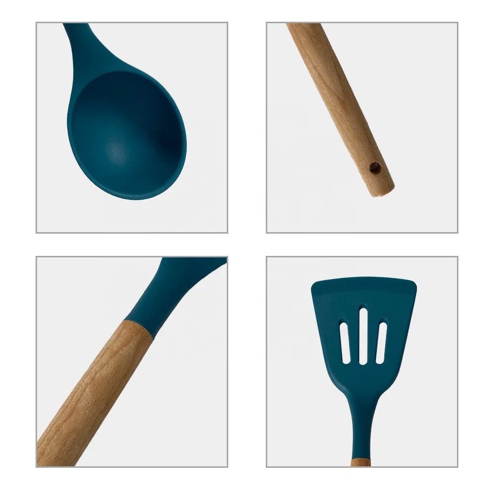 silicone 12 Pieces kitchenware  In 1 Set Kitchen Gadgets Tools Kitchenware Silicone Cooking Utensils Set With Wooden HandlesHot