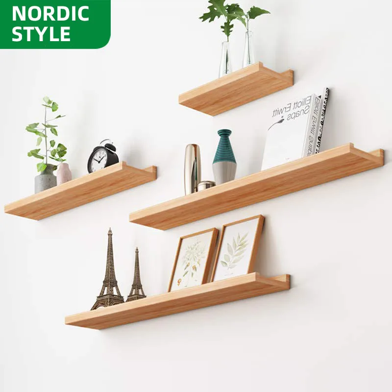 Floating Wall Shelf MDF I Shape Rustic Brown Display Storage Wall Mounted Bookshelf Wooden Floating Shelves