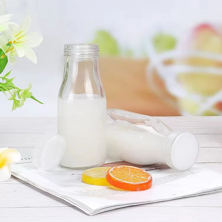 Top Selling 200ml 250ml 500ml 1000ml Glass Beverage Bottles with Black Metal Lid for Milk/Juice Wholesale Empty Food Containers