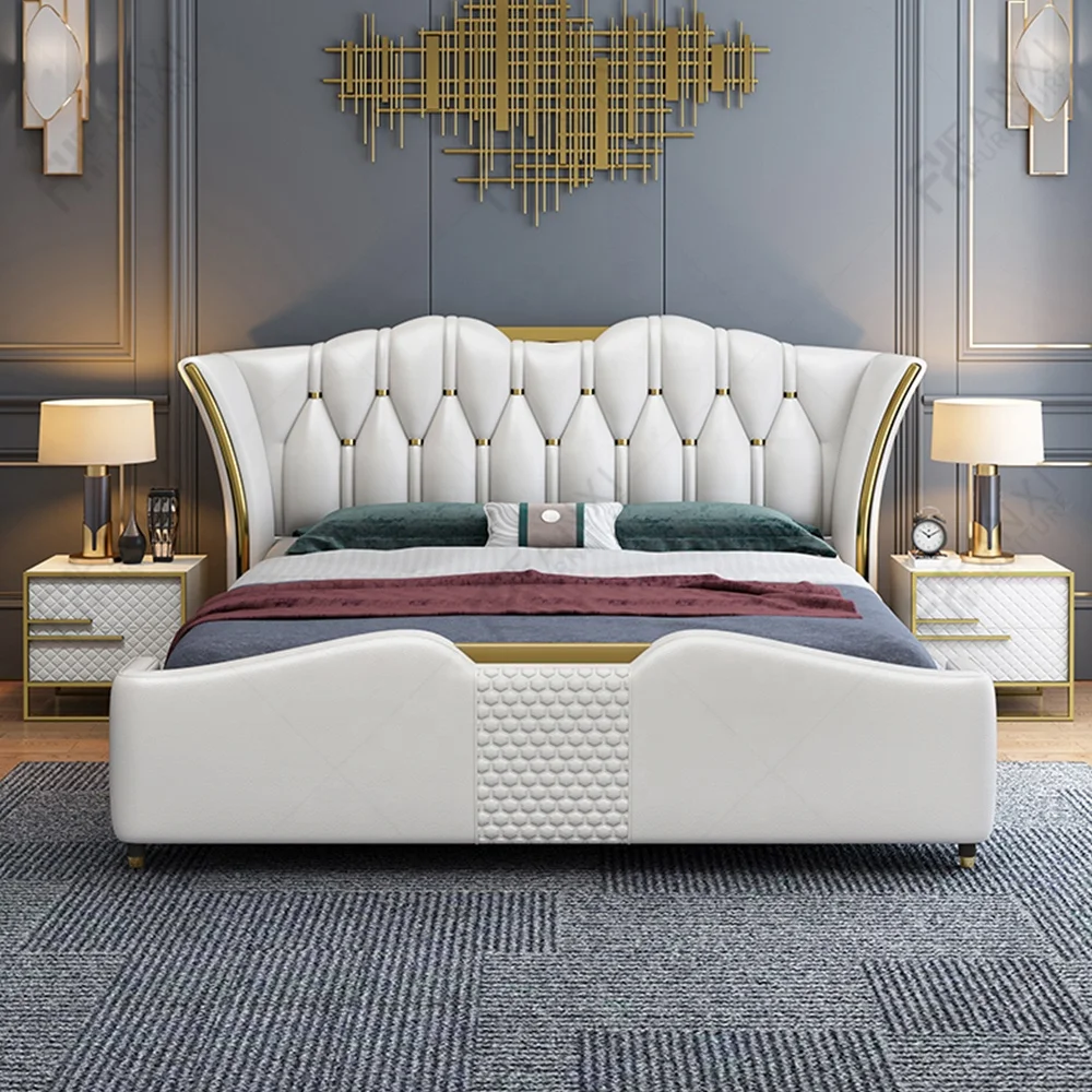 Wholesale luxury home bedroom furniture Italian hotel gold metal wooden beds king size leather headboard bed sheets