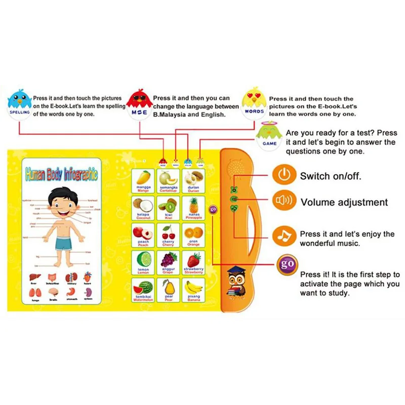 Kids Laptop Educational Bilingual english Sound Electronic book E-book For Baby