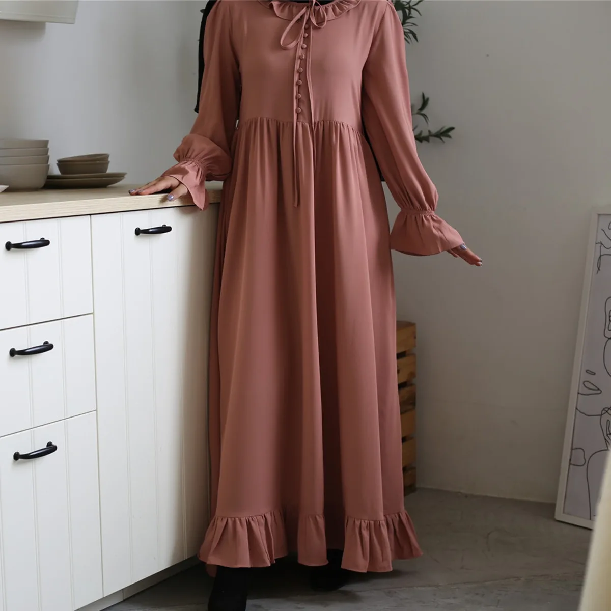 Modest Turkey Long Sleeve Button Ruffle Solid Color New Abaya Designs Dubai Women Muslim Dress Robe For Women S0125