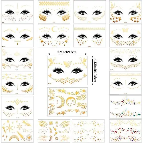 Face Tattoo Sticker Metallic Temporary Gold Halloween Makeup Dancer Costume Parties Waterproof Face Metallic Tattoo Sticker