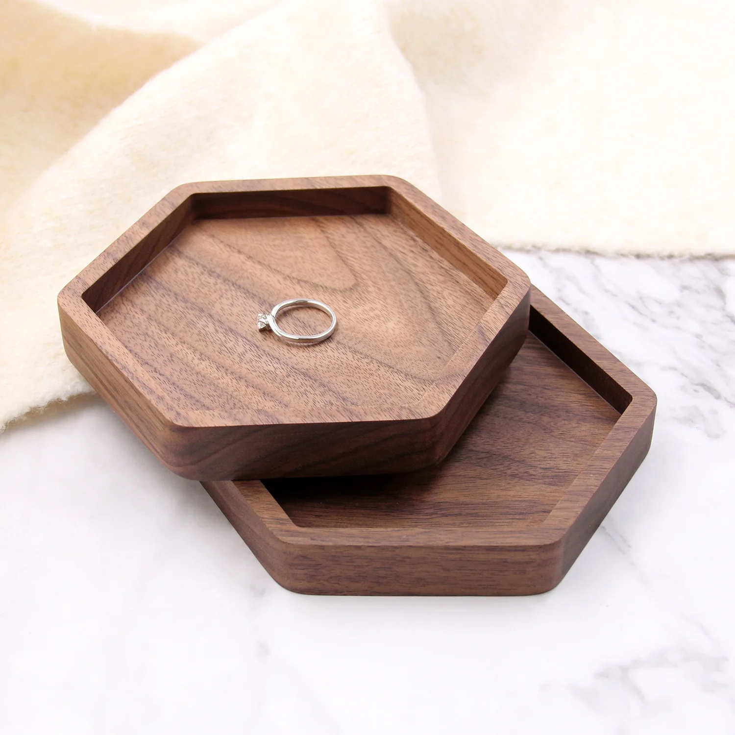 Hexagon Walnut Wood Tray Key or Ring Dish Gift to Her