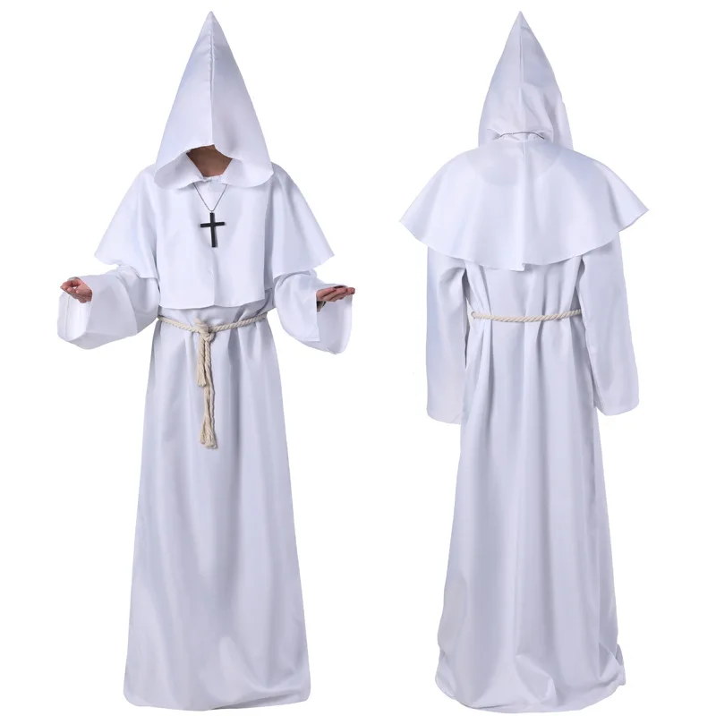 Church Medieval Prayer Robe Gown Retro Priest Monk Missionary Cloak White Black Long Coat Cosplay Costume Halloween Party Suit