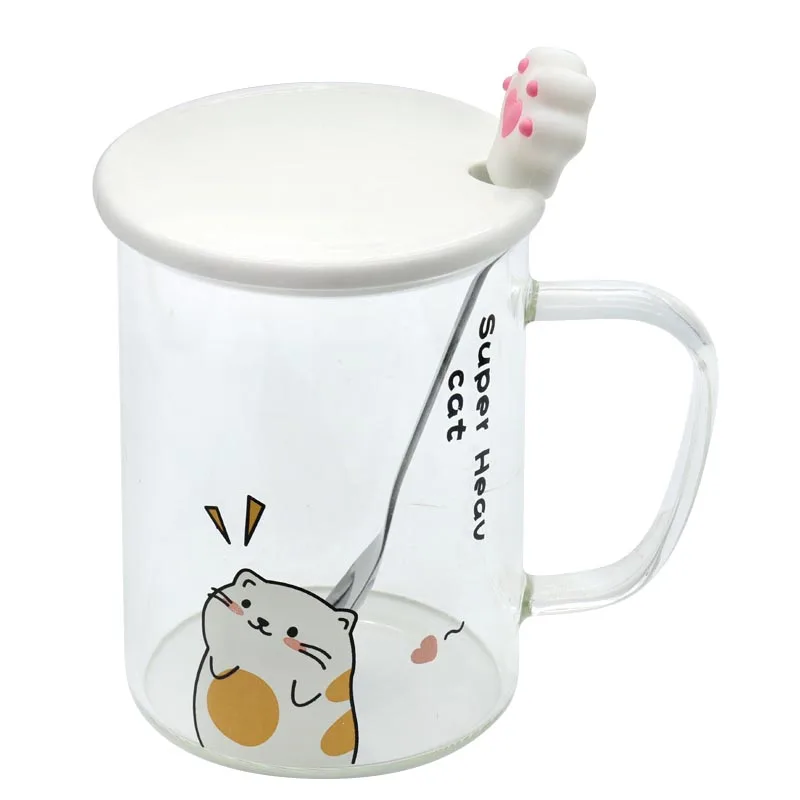 Cute cat design glass, white ceramic cover and cat claw spoon
