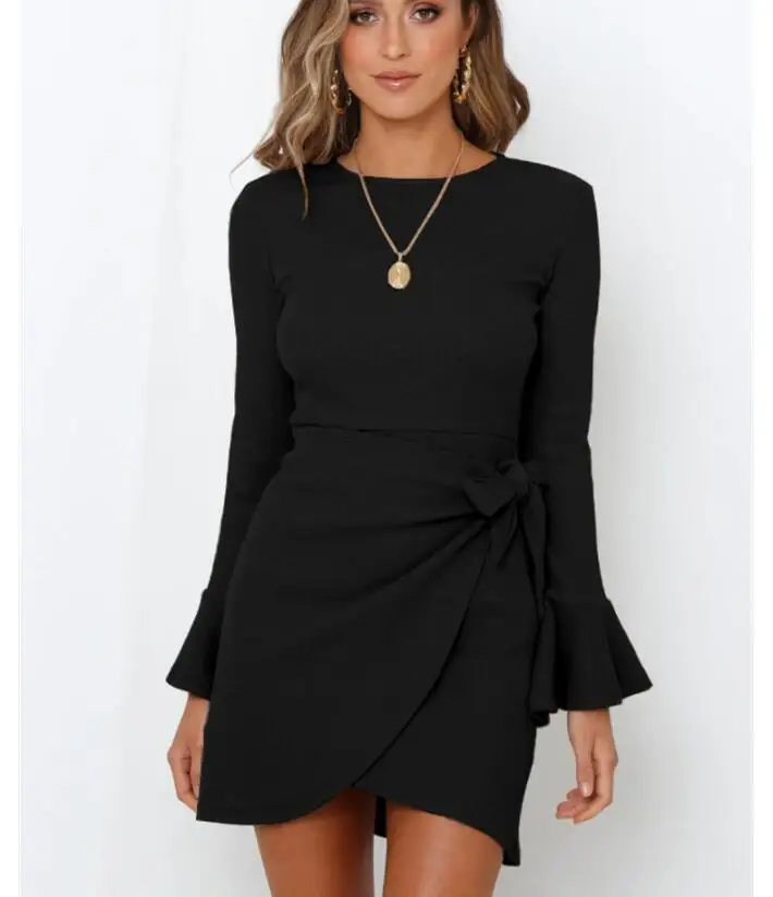 STOCK 8Colors Trendy Zipper Flouncing Flared Long Sleeve Vestidos Elegantes Para Mujer Elegant Casual Lady Dresses