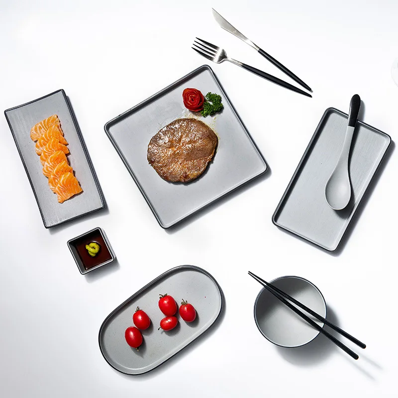 Custom Logo Rectangular Dinner Dishes Plates Barbecue Sushi Long Melamine Solid Black Grey Dinner Plates