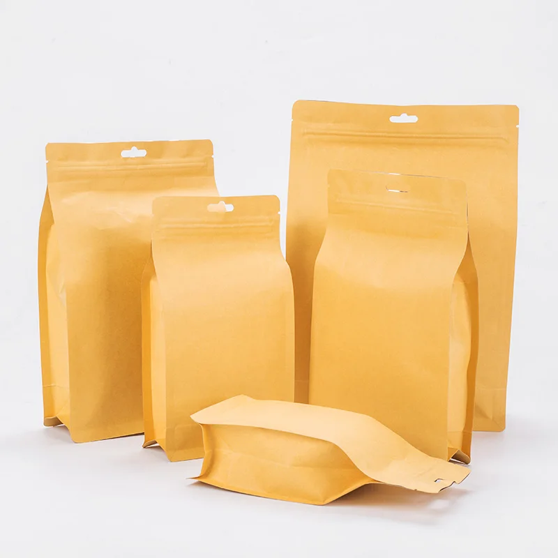In stock flour ziplock pouches aluminum foil kraft paper bag flat bottom tea packaging bags