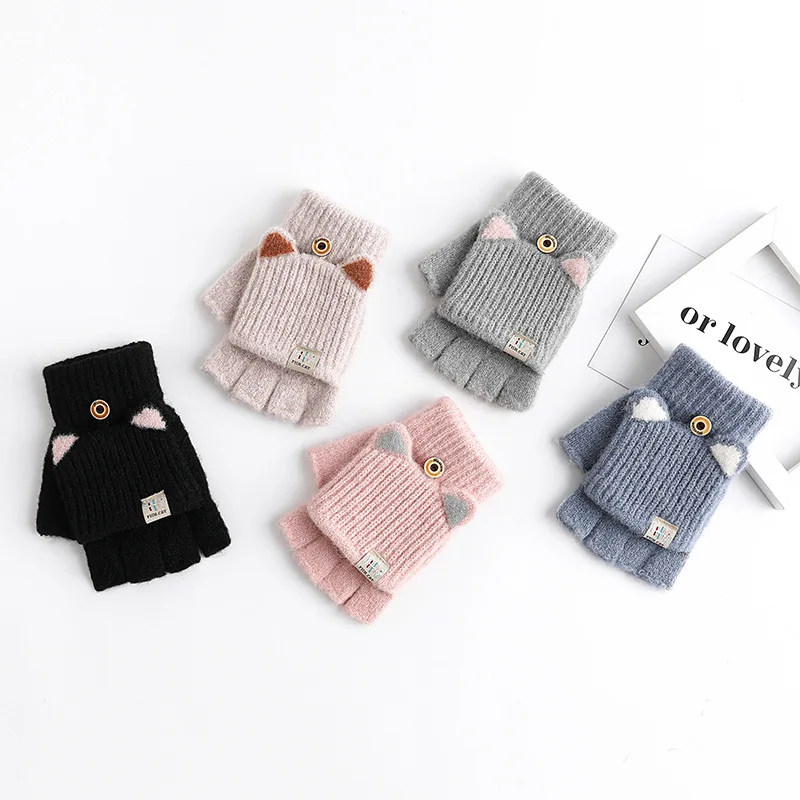 New winter half-finger flip cover outdoor riding warm thick touchscreen cat ears mohair winter gloves wholesale