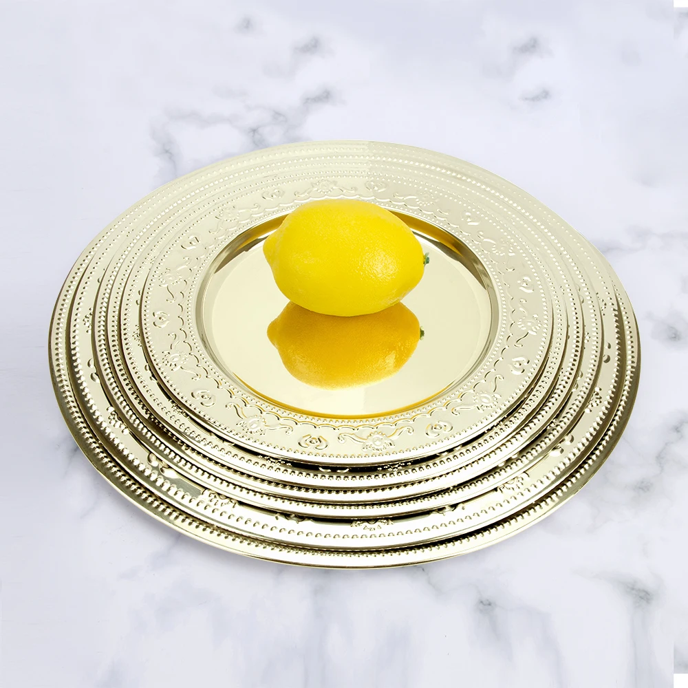 Wholesale dinnerware wedding event metal floral mirror gold charger plates dessert tableware
