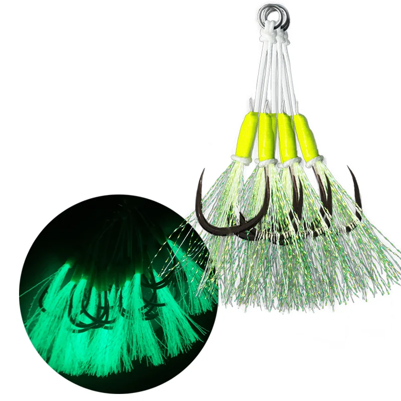 HK008 тефлоновый супер скользящий светящийся мигающий двойной вспомогательный крючок для джиггинга крючки для морской рыбалки