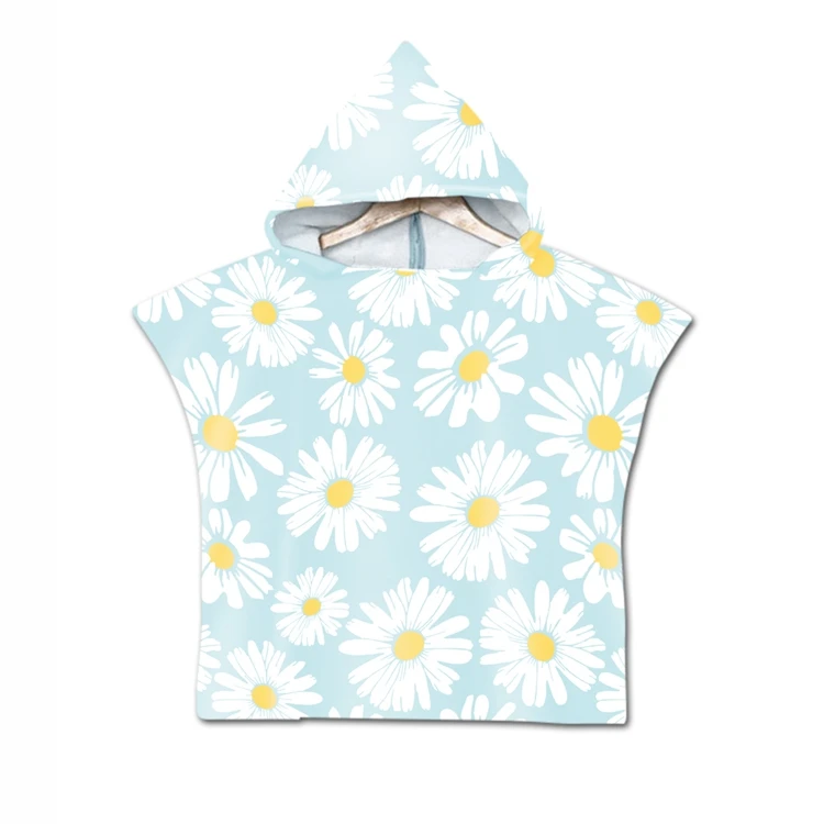 wholesale microfiber suede  digital printed beach hooded ponchos for children