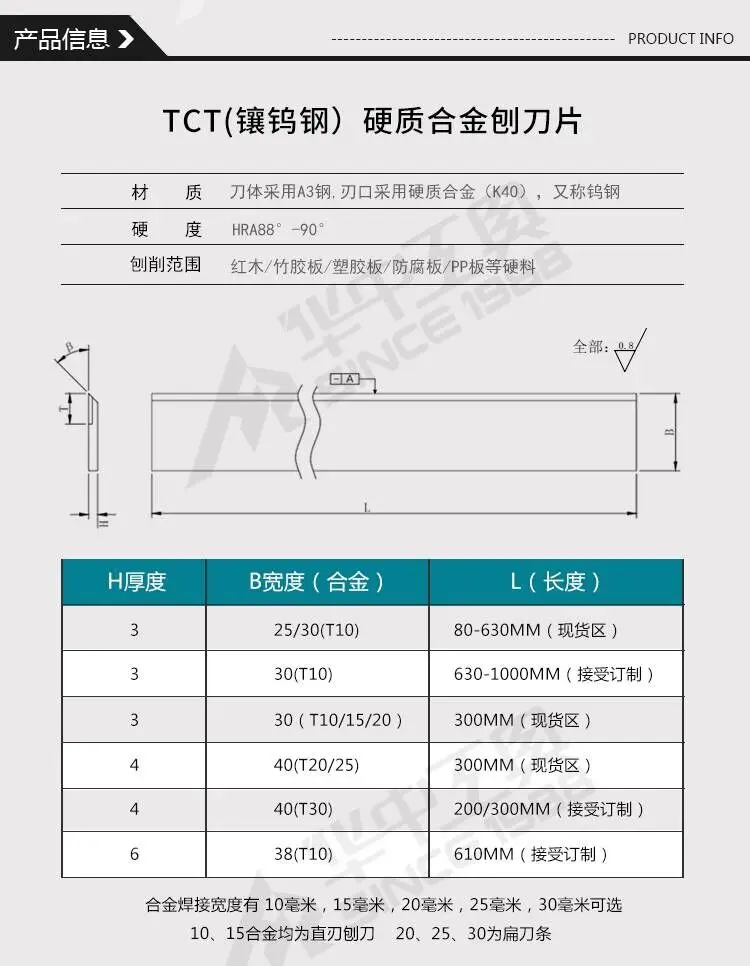 Factory Manufacture  tungsten carbide planer knife for hardwood  TCT Inlay Alloy Planer  blade