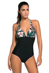 2019 New Lady Swimsuit Camouflage Print Black Body One-piece Swimwear High Cut Bathing Suit Triangle Bikini