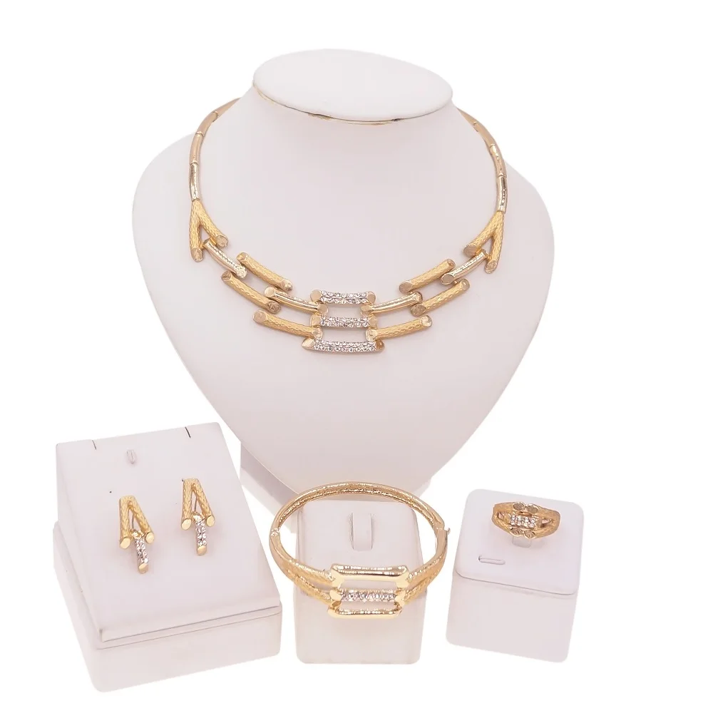 High Quality Luxury Decoration Necklace Sets 18 k Bride Collarbone Jewelry Set 18 K Gold Plated African Jewels Earring Bangle