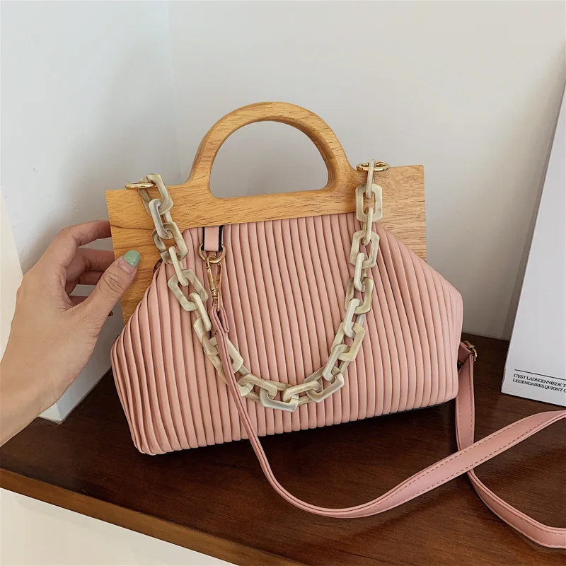 Autumn And Winter New Wooden Handle Handbag Fashion Chain Folds Striped Shoulder Bag Simple Messenger Bag