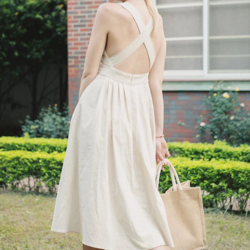 High End Casual White Spaghetti Strap Cross Back Apron Midi Linen Long Dress Women Linen Summer Dresses