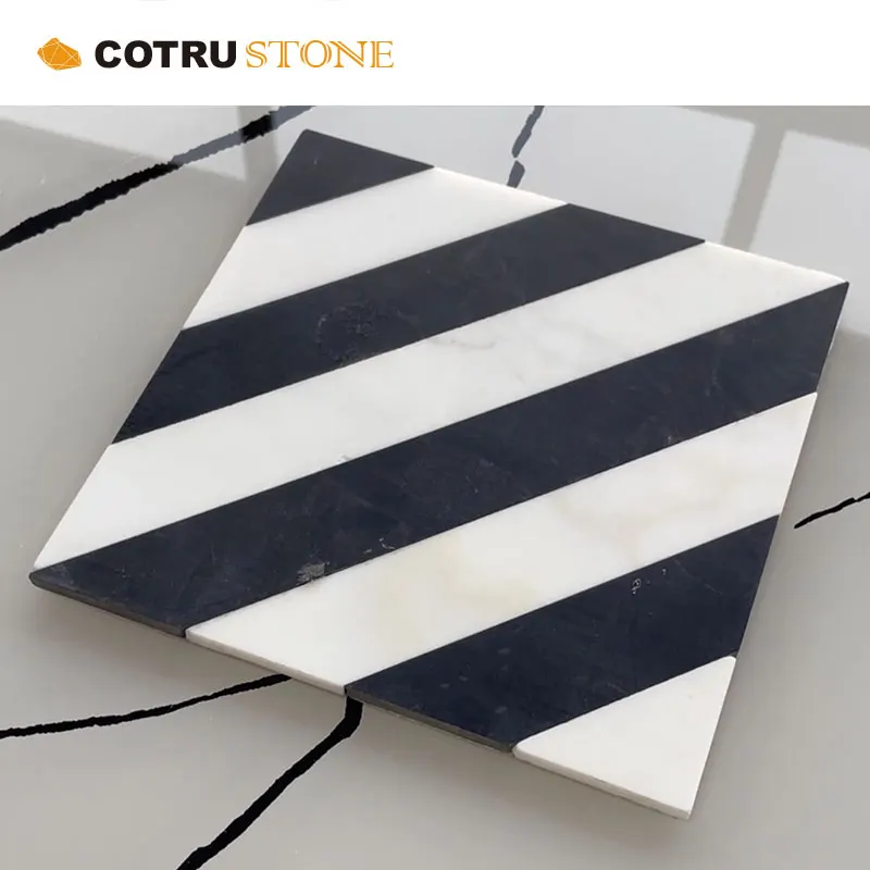 Xiamen stone White and black Mixed Luxury Lobby floor Natural Marble Stripe Mosaic Customized Tiles Price