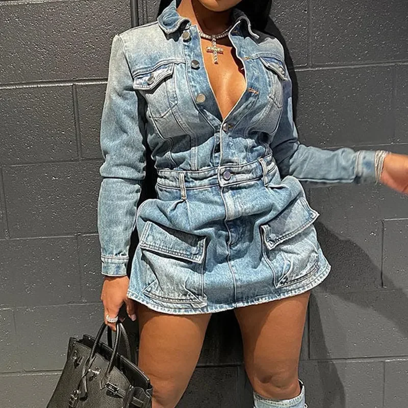 2024 Fashion Designer Long Sleeves Ladies Light Blue Cargo StreetWear Washed Denim Short Dress Women