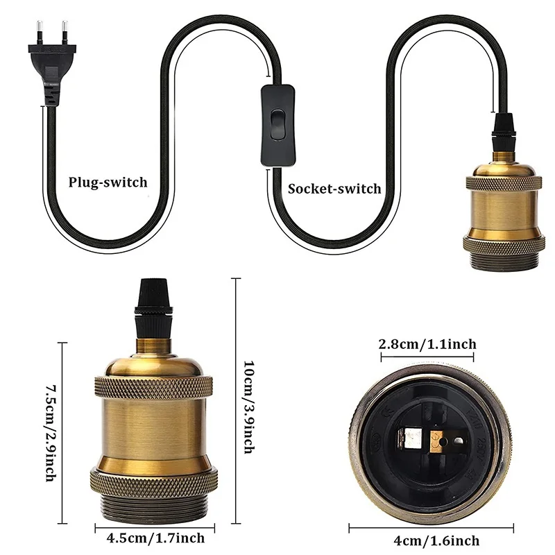 LED E27 E26 Edison screw lamp Holder Bulb socket Base Adapter with European switch & plug & cable
