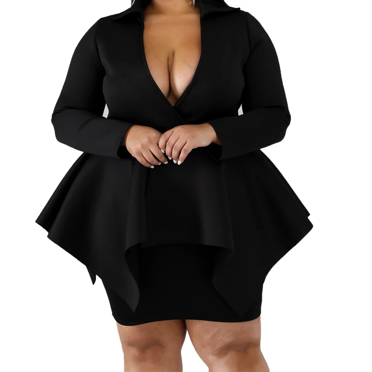 
Extra large 6XL plus size women suit clothes ruffles v neck long sleeve tops and bodycon skirts dress set 