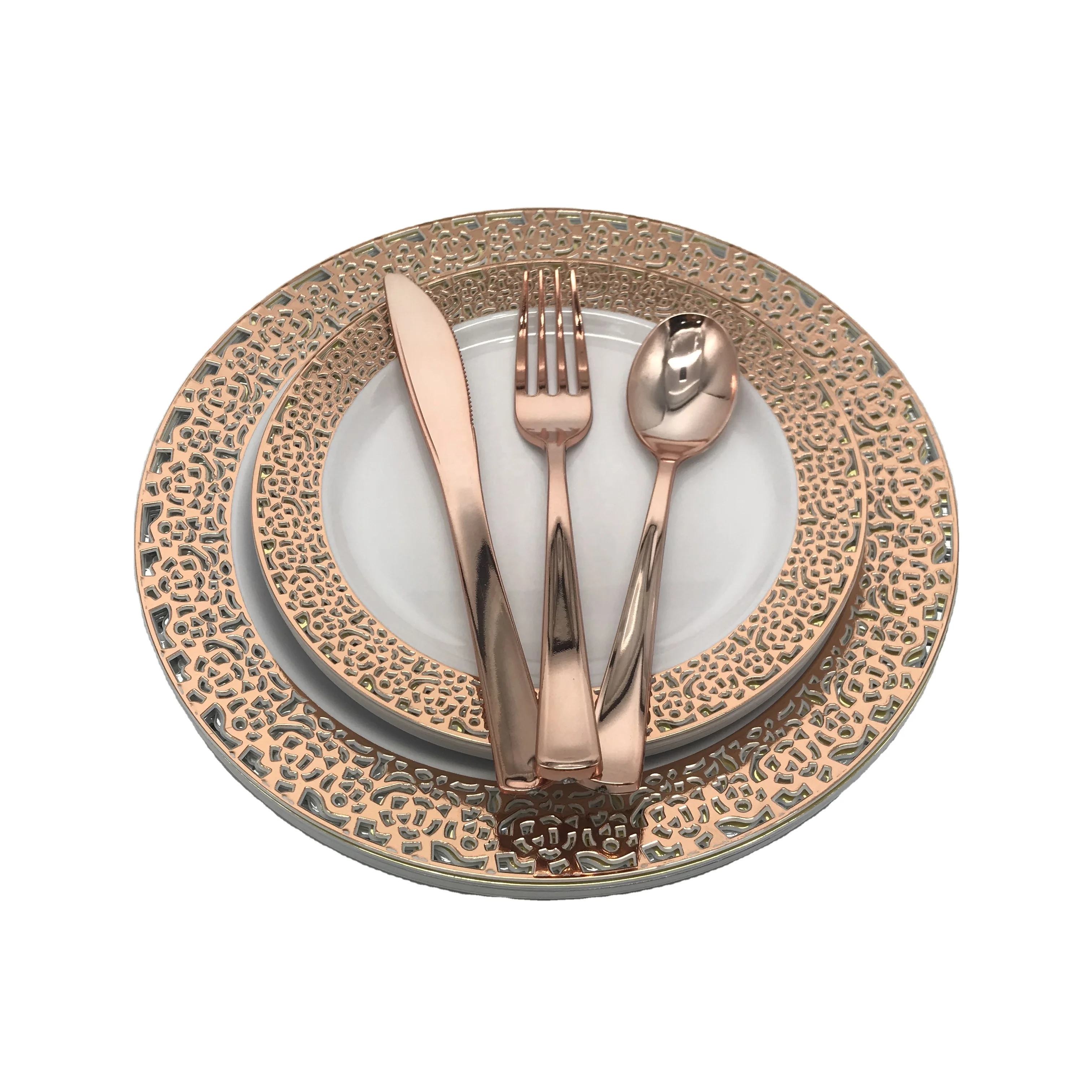 Plastic Wedding Party Rose Gold Dinnerware Set Lace Rim Plates