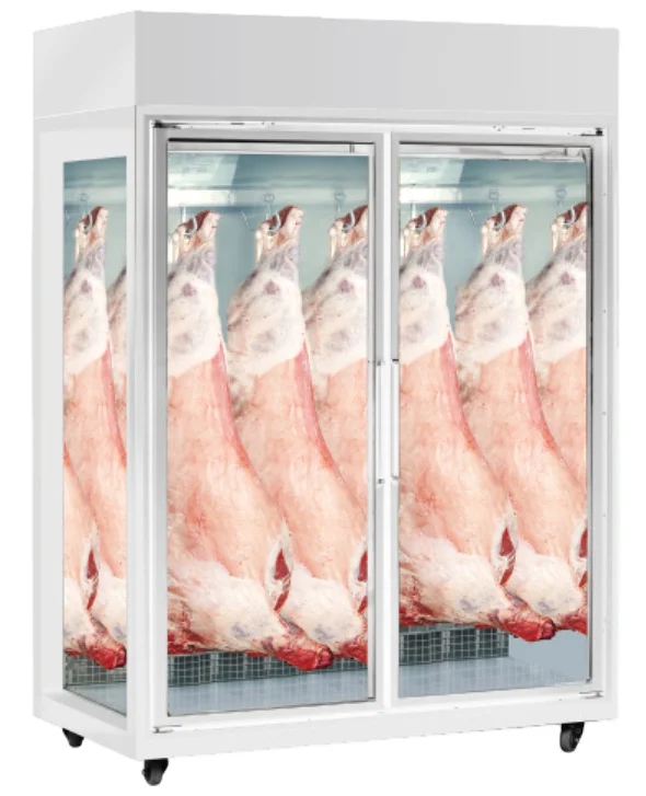 
 Автоматическая размораживание Коммерческая двойная дверь вертикальный дисплей морозильник для мяса  