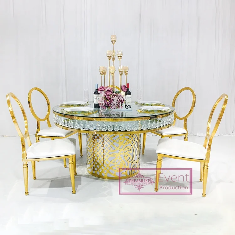 Высококачественный круглый обеденный стол из нержавеющей стали со стеклянной оправой и золотом, свадебный стол с прозрачными кристаллами (62387208640)