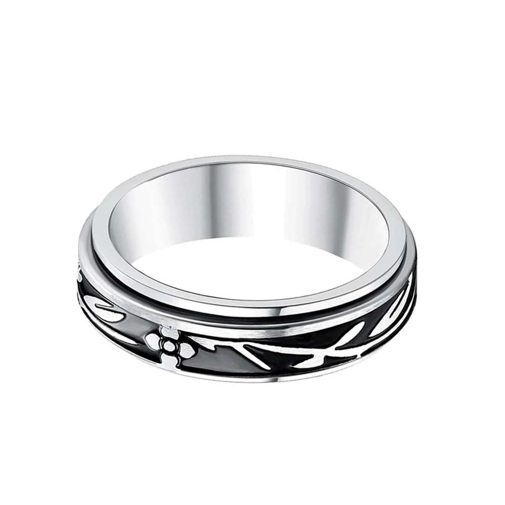 6mm Stainless Steel Ring Silver Black Corrosive Oil Dropping Flower Plant Rotatable Stainless Steel Ring finger rings