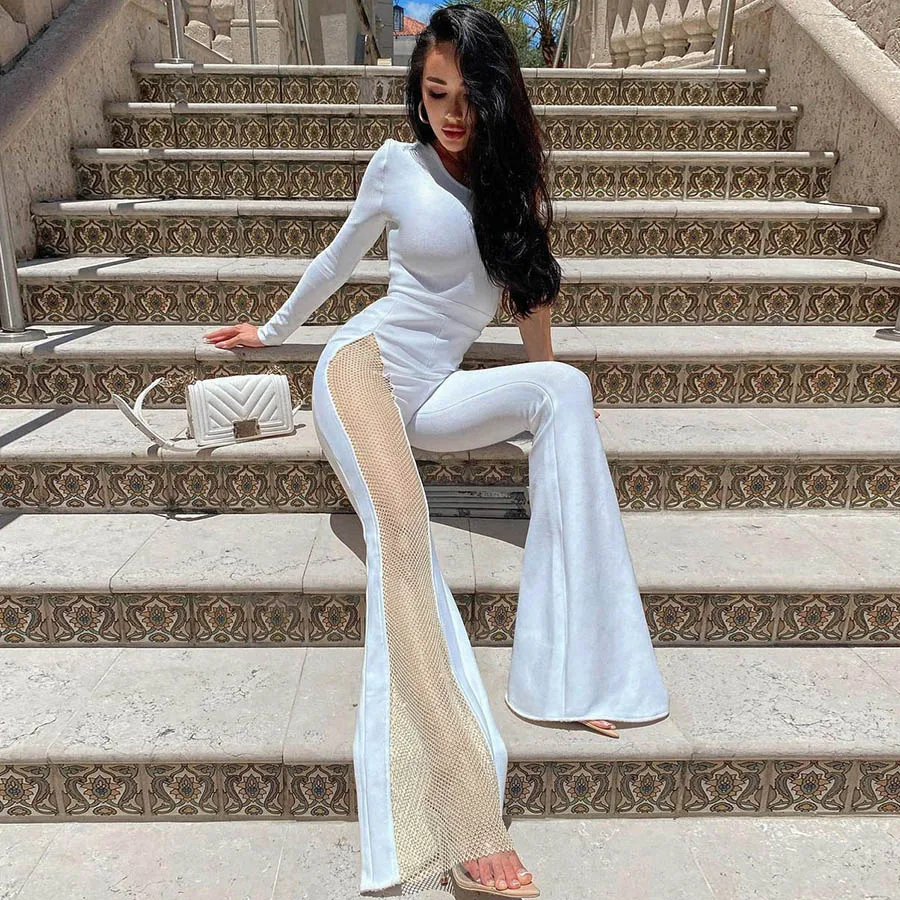 HO 2024 Solid One Shoulder Hollow Out Wide Leg Pants One Piece Jumpsuit Women