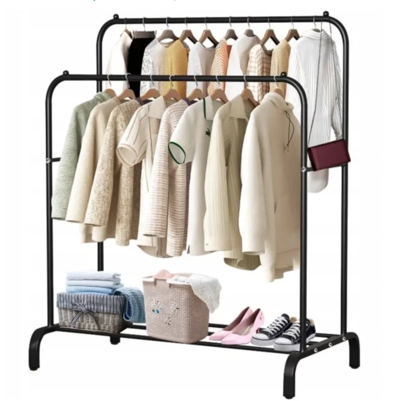 Clothes Rail Clothing Garment Rack, Double-Rail Metal Clothes Rail, Heavy Duty Garment Clothing Rail with Bottom Rack for Coats