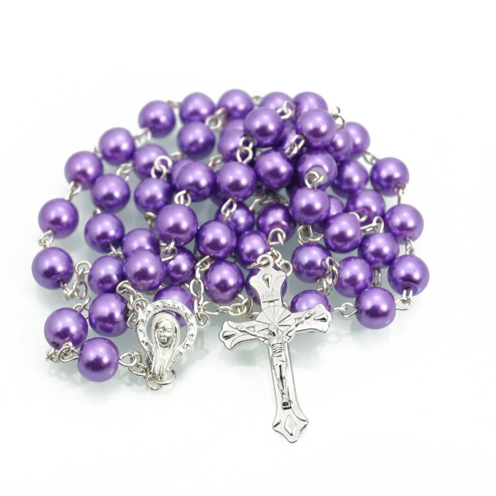 Customized Catholic Rosary Beads Packs 8mm Glass Pearl Beads Catholic Rosary Cross Pendant Necklace