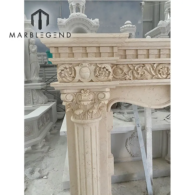 provide villa decoration service nature stone and hand carved fireplace frame freestanding Egypt beige marble fireplaces
