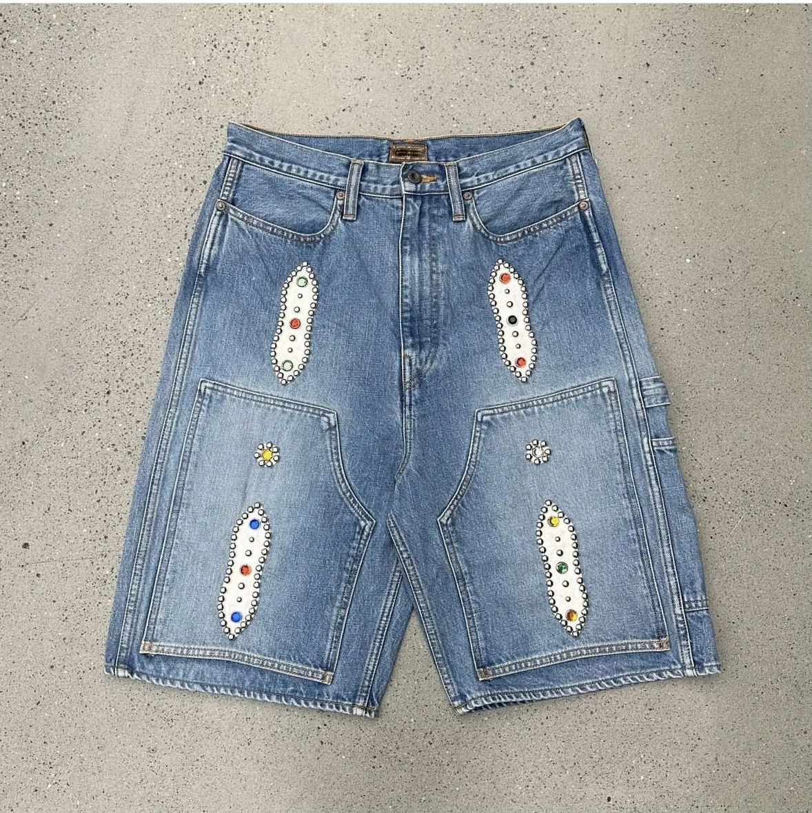 Custom Double Knee Jorts Baggy Metal Stud Gem Men Jeans Shorts Fashion Vintage Streetwear Denim Shorts Men