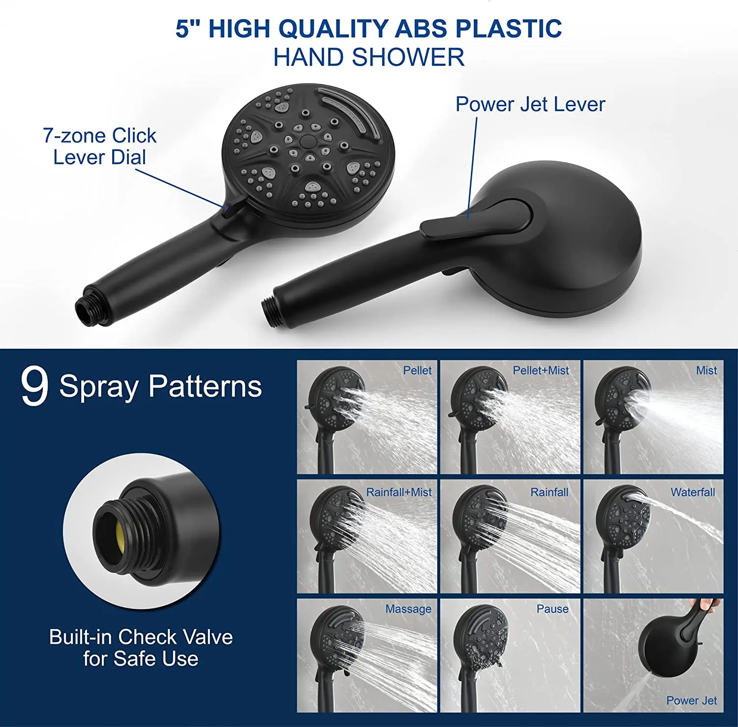 9 Spray Hand Shower with Automatic Power Jet Wash Modes High Pressure 9 Function Settings Black Handheld Shower Heads