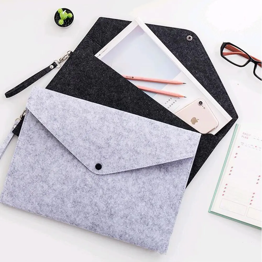 2024 Custom Light Grey Thick Felt Envelope File Pocket with Button Printed and Embossed Logo