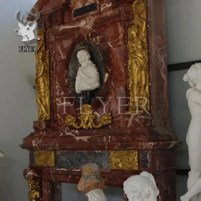 Natural Red Marble Fireplace Indoor Customized Handmade Cast Bronze Decoration Western Style Coral Red Marble Fireplace