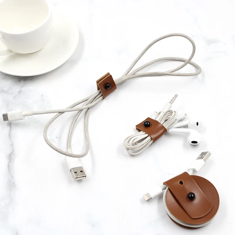 2021 New arrived Portable Leather Cable Holder USB Wire Winder Earphone Organizer